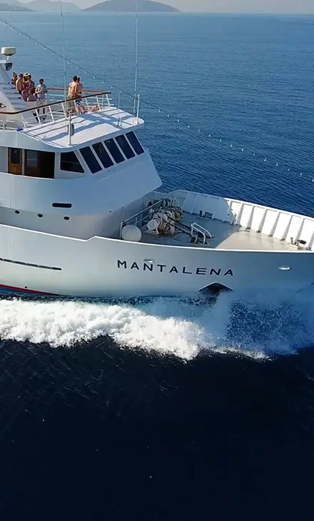 The front of a moving cruise boat along with a few people on the top deck