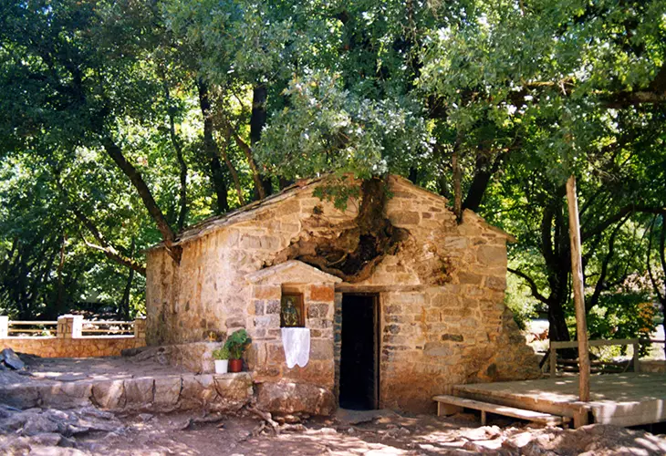 The church of Agia Theodora in Vasta, where a tree grows from the roof of the church but no part of the tree is visible on the inside