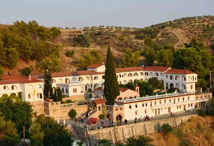 Aerial photo of Monastery Theodosiou in Panariti, a big, white monastery in the hills of Argolida