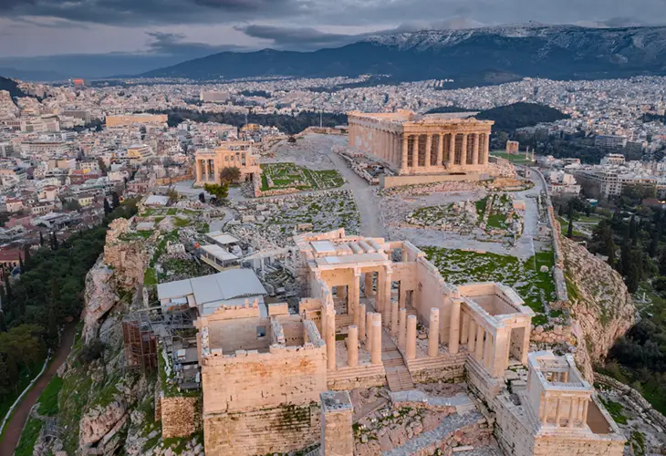 Aerial view of the sacred rock of Acropolis with the Parthenon & Erectheion visible