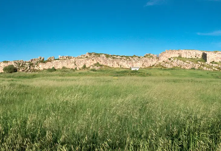 Ruins of the mighty, stone walls of Ancient Tiryns, and a green field in front of them