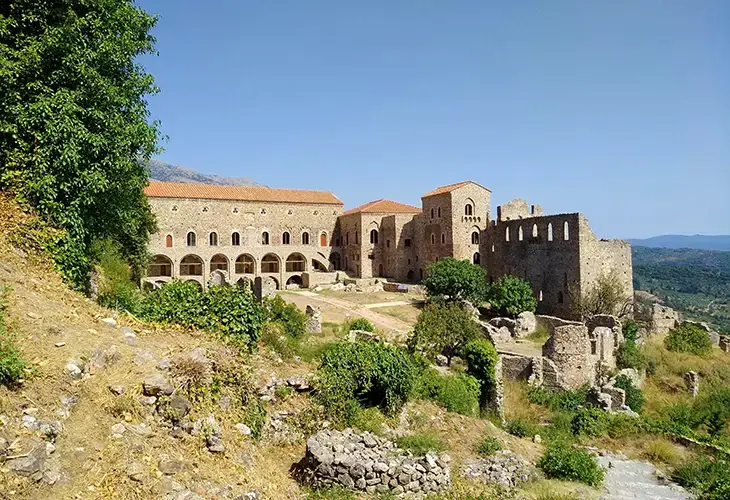 Old Byzantine castle with arches, part of the Mystras archaeological site